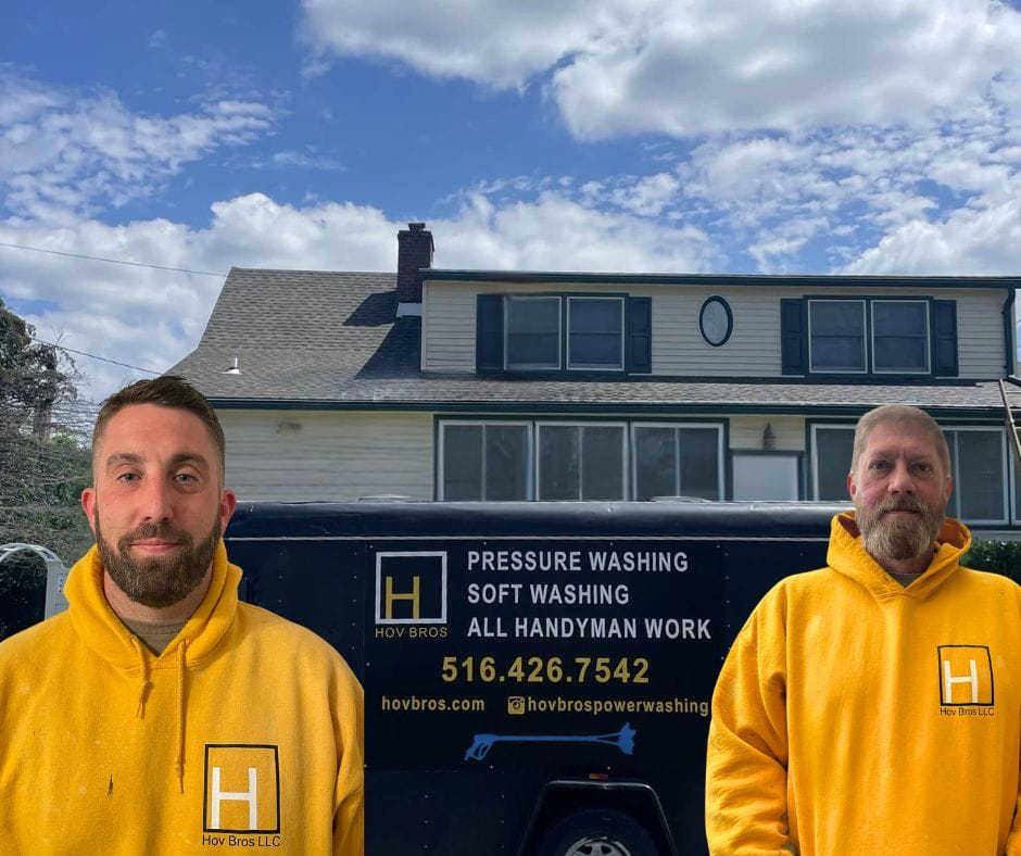 Pressure washing professionals in Long Island Soft washing siding and roofing Experienced handyman on residential job Before and after pressure washing deck Gutter cleaning and roof soft washing Handyman deck repair in progress Exterior house washing project Long Island pressure washing team at work